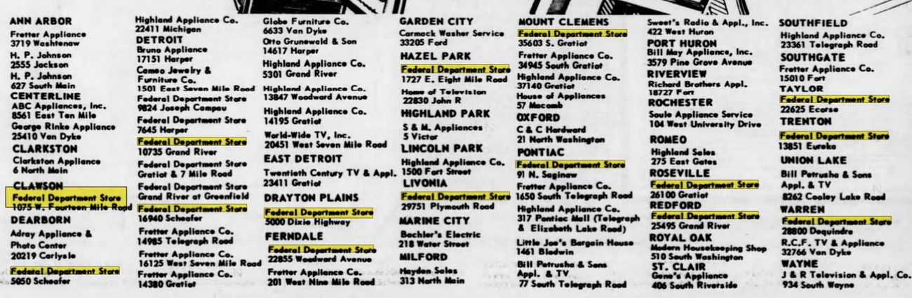 Federals (Federal Department Store) - Sep 11 1966 Store List